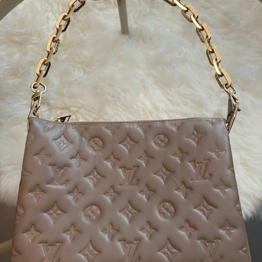 GIFTABLE LOUIS VUITTON  Lambskin Embossed Monogram Coussin PM Taupe
